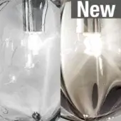 Vistosi glass pendant light, chrome finish, side-by-side comparison of clouded and polished spherical shades with Edison bulb.