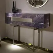 Exceptional Reflex Musa sideboard with purple marble glass, reddish-brown veining and glossy finish built with a bronze metal base and lighting