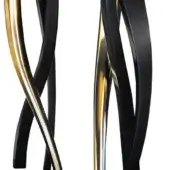 Table base, gold-colored metal and matte black composite, sculptural curved form with intersecting arcs, modern design.