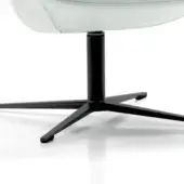 White curved chair with visible stitching, black metal five-star swivel base, cylindrical column, glossy white floor reflection.