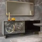 Distinguished Reflex Big Ben sideboard with wooden structure, lacquered glass doors and satin brass metal legs