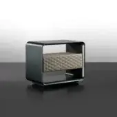 Exceptional Reflex Oh nightstand with shaped wood, quilted beige leather and satin metallic finish