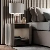 Distinguished Reflex Plissé nightstand with wooden structure, shiny Ebony wood finish and pleated fabric upholstery