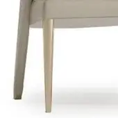 Wave chair, beige fabric upholstery, gold metal legs, curved back, contemporary design, studio shot, white background.