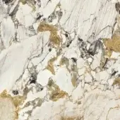 Ceramic texture mimicking Bianco Arabescato marble, creamy white with gold and gray-black veins, polished finish, organic pattern.