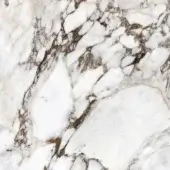 White marble texture with dark brown and tan veins, fractured pattern, polished finish, crystalline structure, and diffused light reflection.