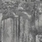 Pixelated forest composition, gray tones, vertical tree trunks with layered canopy, subtle text overlay “giorgetti > fabric > tonga 5194 grigio”.