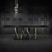 Distinguished Il Pezzo Mancante Il Pezzo 8 table with black Marquinia marble tabletop and intricately intertwined black and gold finished legs