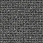 Woven fabric texture, muted gray with heathered tones, dense grid pattern, coarse nubby surface, studio shot with visible textile labeling.