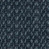 Charcoal gray woven fabric sample with heathered texture, irregular geometric pattern, subtle lettering, and visible fiber weight; label reads “lago f312”.