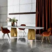 Superior Sovet Italia Deod table with geometrically faceted bases and ceramic-laminated tabletop in pale off-white with golden lacquered metal