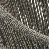 Chair back woven from grey-brown cordino rope, displaying a ribbed texture with vertical cream streaks and a matte, tactile finish.