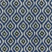 Geometric upholstery fabric with a repeating sapphire blue, off-white, and black diamond pattern in a dense, textured weave.