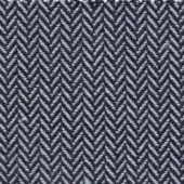 Herringbone fabric sample with navy blue and off-white threads, displaying a vertical, textured pattern and dense weave for upholstery.