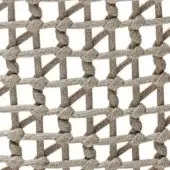 Beige rope netting with a dense grid pattern, featuring thick, knotted strands and a twisted texture against a white background.