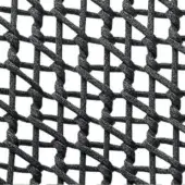 Dark grey rope fabric with a grid pattern, showcasing twisted strands and knotted intersections, matte finish, studio shot.