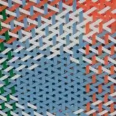 Varaschin Maat woven texture, light blue, white, orange, and green strips in a grid pattern, smooth matte synthetic material.