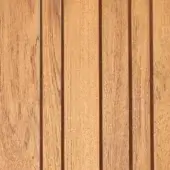 Teak wood planks with a golden-brown tone display vertical grain and subtle knots in a tightly spaced, rectangular pattern with narrow grooves.