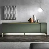 Elegant Presotto Hug sideboard crafted from chipboard with a matte lacquered olive-green finish and golden metal base