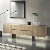 Distinguished Presotto Bridge sideboard crafted in warm medium-brown wood with a satin finish and dark metal base