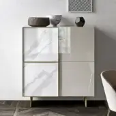 Elegant Presotto Match cupboard with chipboard panels and a striking gold-toned metal frame, finished in beige-grey matte lacquer and glossy marble-like patterns