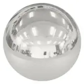 Polished chrome sphere reflecting interior with white walls, fluorescent lights, chair, and display stand; mirror finish distorts room perspective.