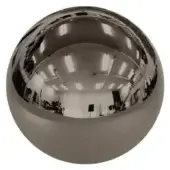 Spherical mirror, polished black nickel, reflects white room with fluorescent lights, whiteboard, and studio equipment in distorted fisheye view.