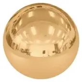 Polished gold steel sphere reflecting a studio interior with white ceiling, recessed lights, camera, monitor, and dark panel.