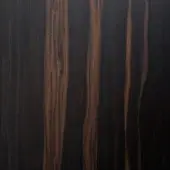 Ebony Makassar veneer wood texture displaying vertical grain, rich brown and reddish-brown hues, with a glossy polished sheen.