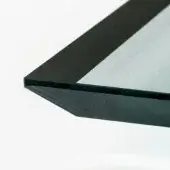 Fumé glass shelf, rectangular shape, bevelled edge, smoky grey-green tint, polished finish, studio lighting, white background.