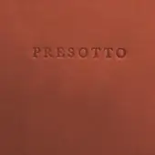 Terracotta leather texture with embossed “PRESETTO” text in sans-serif font, displaying a granular surface and consistent, diffused lighting.