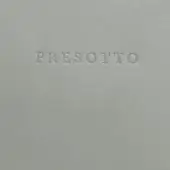 Gray textured fabric with centered embossed “PRESETTO” text in sans-serif font, uniform grain, soft lighting, minimalist presentation.