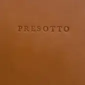 Brown leather texture with embossed “PREOTTO” in sans-serif font, displaying a subtle grain and matte finish under diffused lighting.