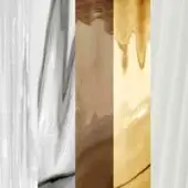Liquid swatches of white, grey, brown, and gold display glossy textures and vertical flow patterns, resembling poured glass or crystal samples.