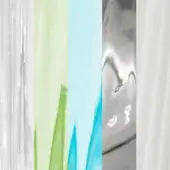 Color swatches displaying striated silver-white, pale green, light blue, metallic silver, and matte white, resembling a Murano glass inspired palette.