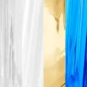 Iridescent panels, white, gold, and blue, display vertical striations and draped folds, resembling Murano glass components with reflective surfaces.