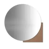 Circular mirror with bronze glass detail, featuring a reflective surface and square geometric accent against a white backdrop.