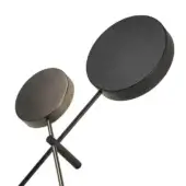 Floor lamp, micaceous brown shades, titanium tripod base with crossed legs and angled circular diffusers in a minimalist modern design.