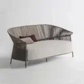 Distinctive Potocco Ola sofa with wrapping backrest hand-woven in matte finish “Fly” ribbon and dark burgundy cushion
