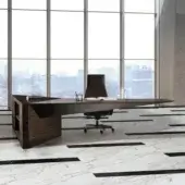 Distinguished 4 Mariani Euclideo desk with a floating top, ebony-type wood veneer and satin finish, plus saddle leather detailing