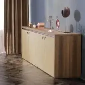 Sophisticated 4 Mariani Kefa sideboard crafted with leather and wood veneer in neutral beige with a warmer brown base