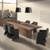 Distinguished 4 Mariani Kefa conference table crafted with Eucalyptus and satin finish exhibiting recessed darker wood inlay with integrated leather covered connections