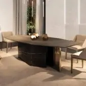 Superior Reflex Cubitum table with warm wood tabletop and dark glossy stone-like V-shaped base crafted with a satin finish