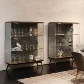 Exceptional Reflex London cupboard crafted with bevelled wood, transparent glass, and a satin dark brown finish