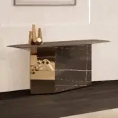 Superior Reflex Cubitum console with dark marble base, marble glass sides and beveled extra clear glass top in Dark Brass finish