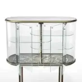 Exceptional Reflex Big Ben bar cabinet with extra-clear glass, polished gold gears and bronze-finished metal frame with light gray marble glass top