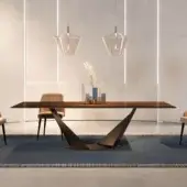 Exceptional Reflex Quartz table with dark matte metal base and warm medium-toned brown satin glass tabletop crafted in Italy