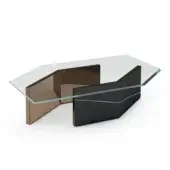 Elegant Reflex Cubitum coffee table with a spectacular wooden base and extra-clear glass top in bronze and matte brown finishes