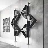 Innovative Cattelan Italia Spinnaker bookcase with black embossed lacquered steel and Noce Canaletto wood shelving in matte dark gray finish