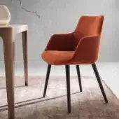 Exceptional Presotto Divina armchair crafted in reddish-brown textured fabric with natural ash wood legs in dark lacquer